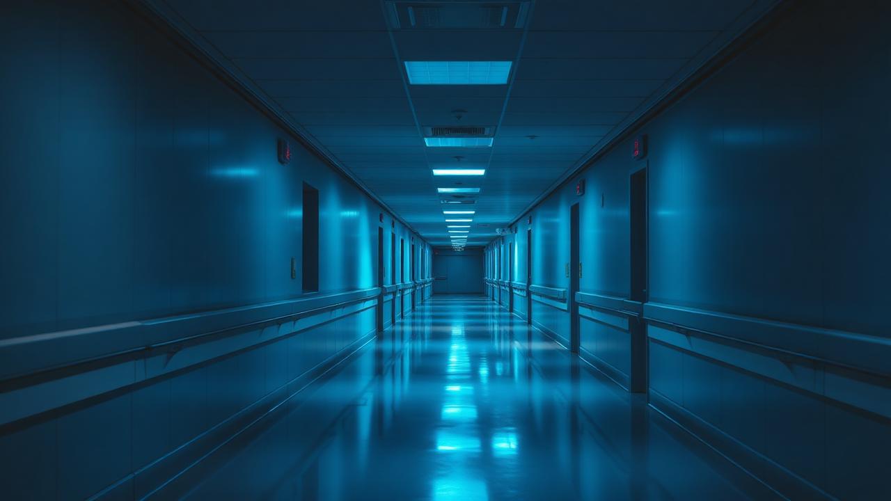 An empty hospital corridor at night