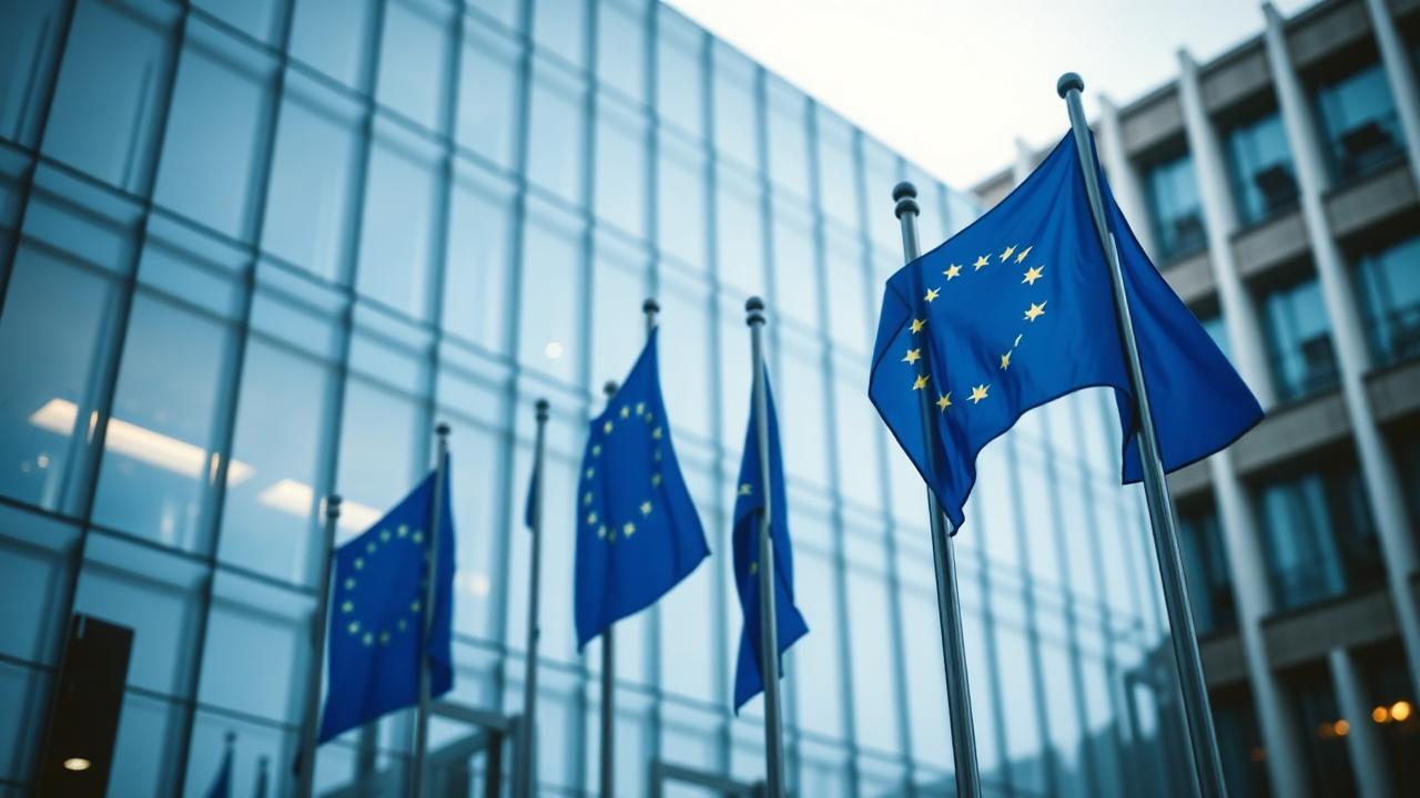 European Union flags outside a modern glass office building in Brussels