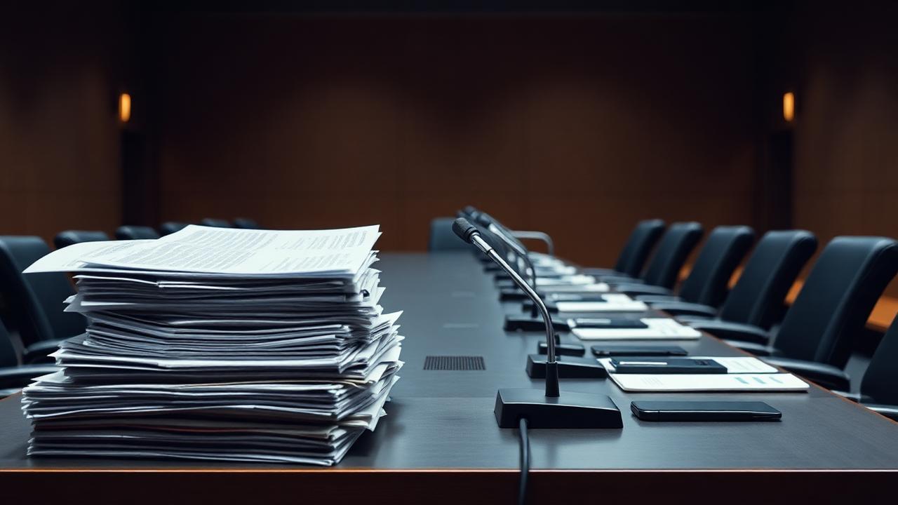 An empty European council meeting table with microphones and stacks of documents